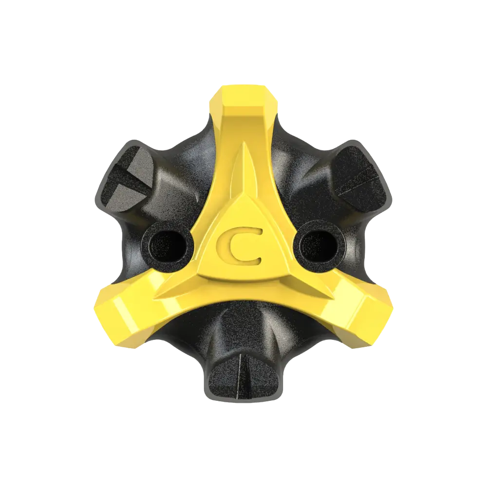 Front angle of the yellow and black Scorpion Stinger Golf Spikes
