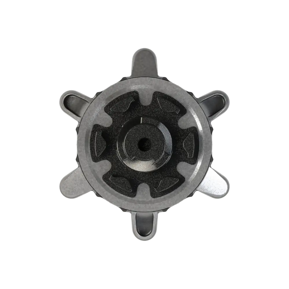 Top view of replaceable golf spike on a white background