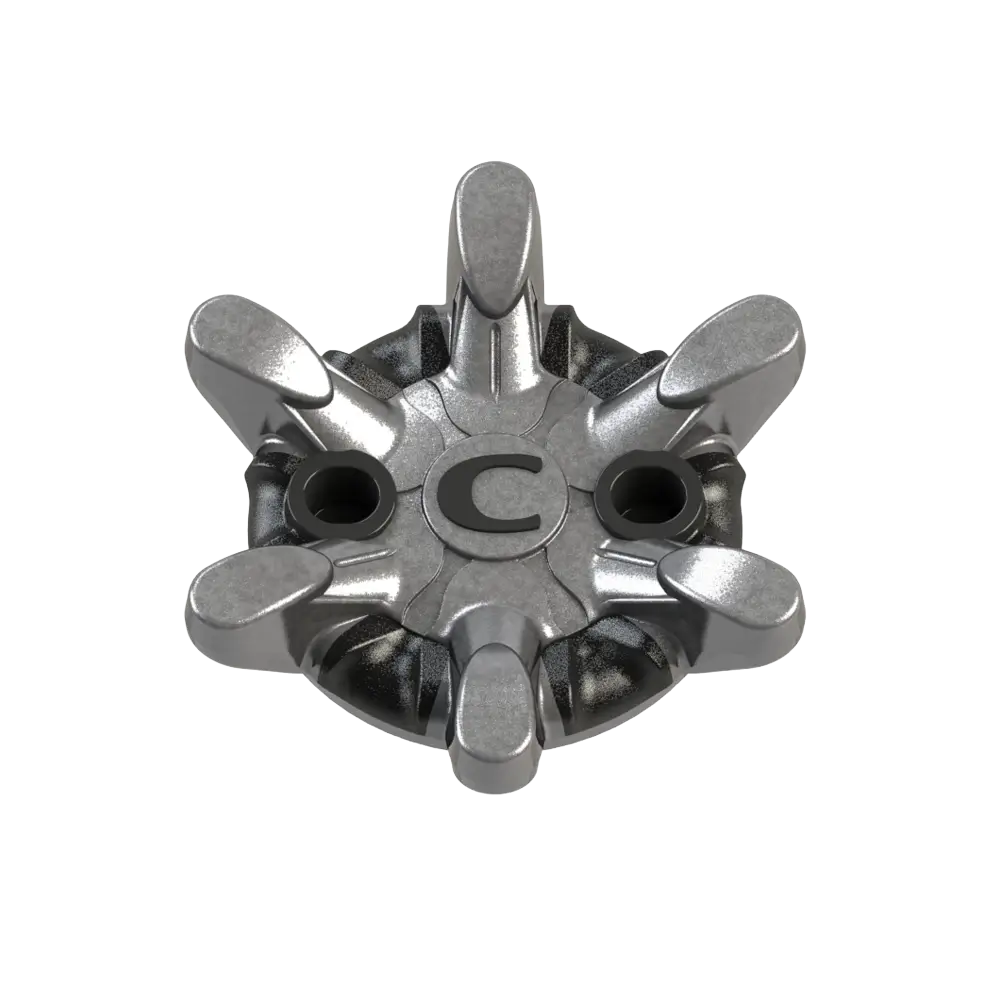 Bottom side view of replaceable golf spike on a white background