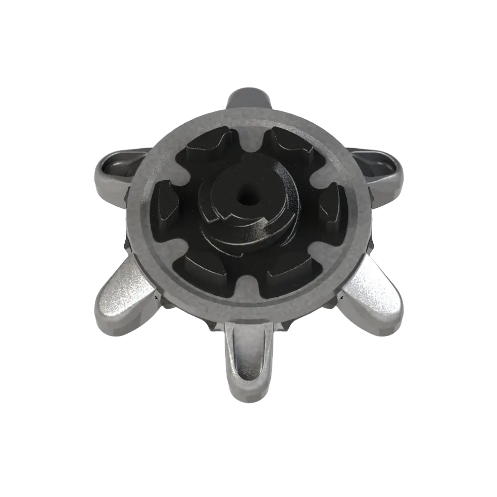 Top view of replaceable golf spike on a white background