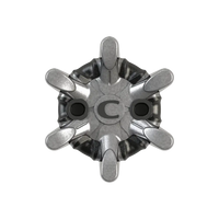 Bottom view of replaceable golf spike on a white background