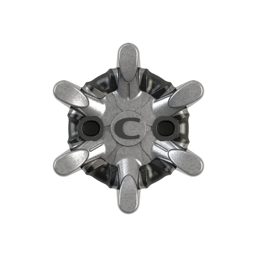 Bottom view of replaceable golf spike on a white background