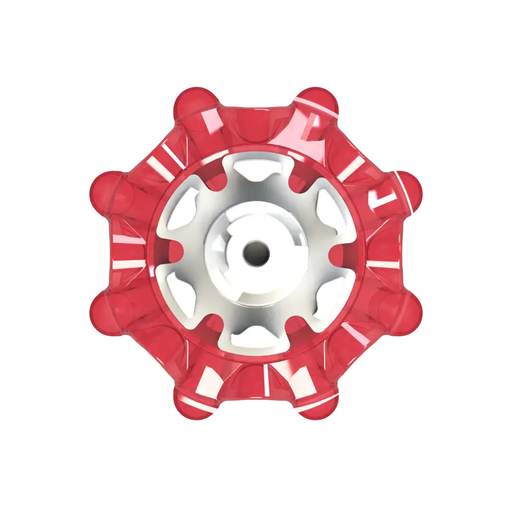 Top view of red Pulsar golf spike on a white background