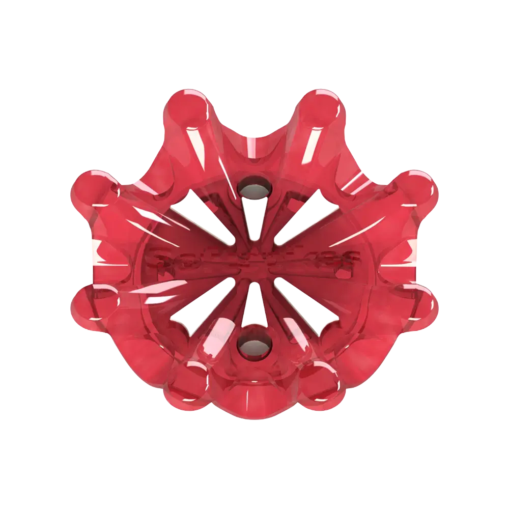 Bottom side view of red Pulsar golf spike on a white background