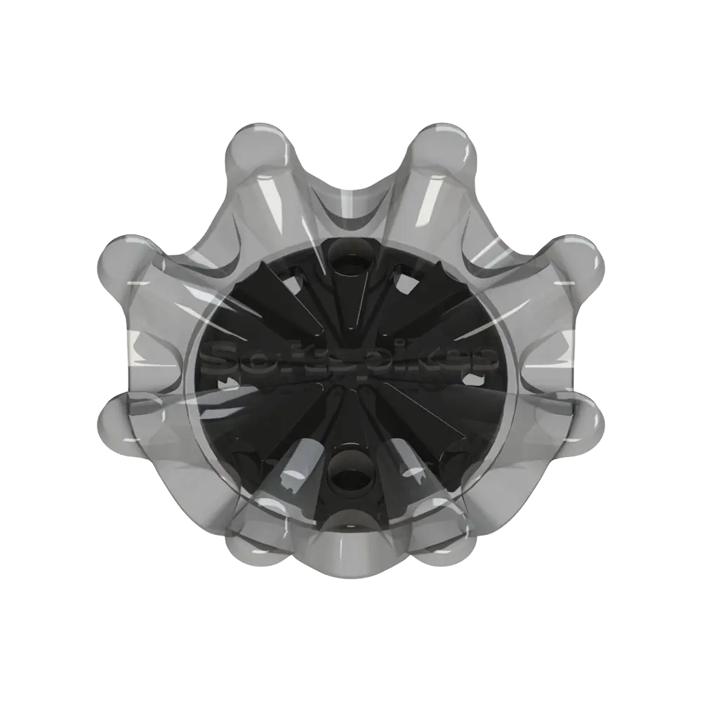 Front side angle of the dark gray and black Pulsar Golf Spikes