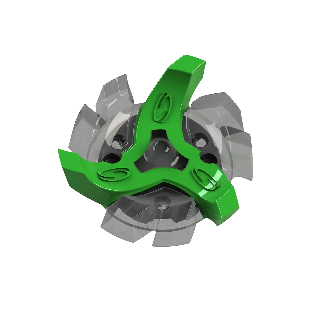Bottom side view of green and gray Tour Flex Pro golf spike traction device on a white background