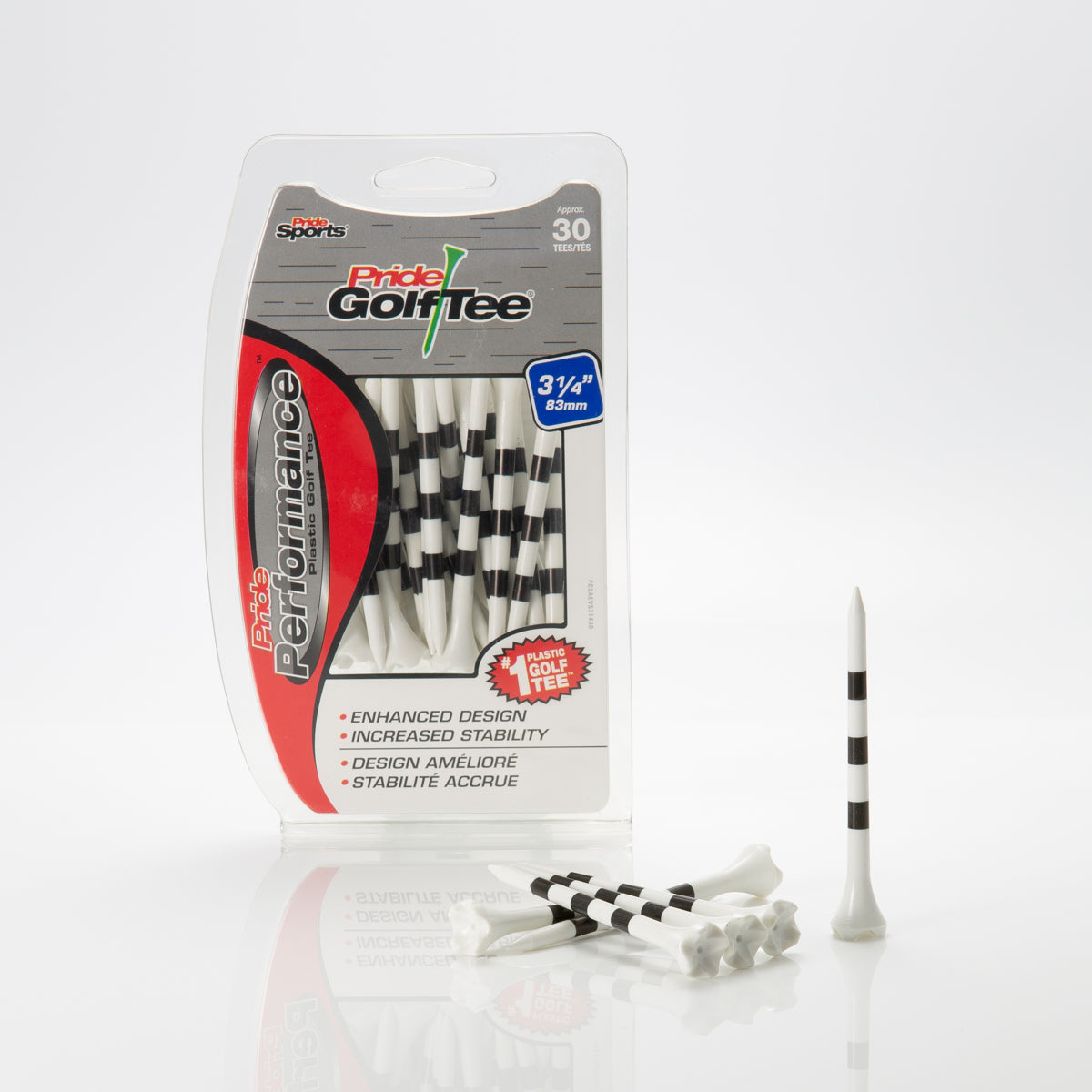 A pack of Pride Performance® Plastic golf tees in white color with black stripes, displayed in a transparent plastic packaging.