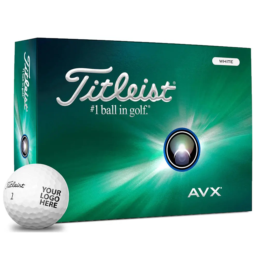 2024 Titleist AVX packaging in green with a golf ball next to it that has "Your Logo Here" on it.