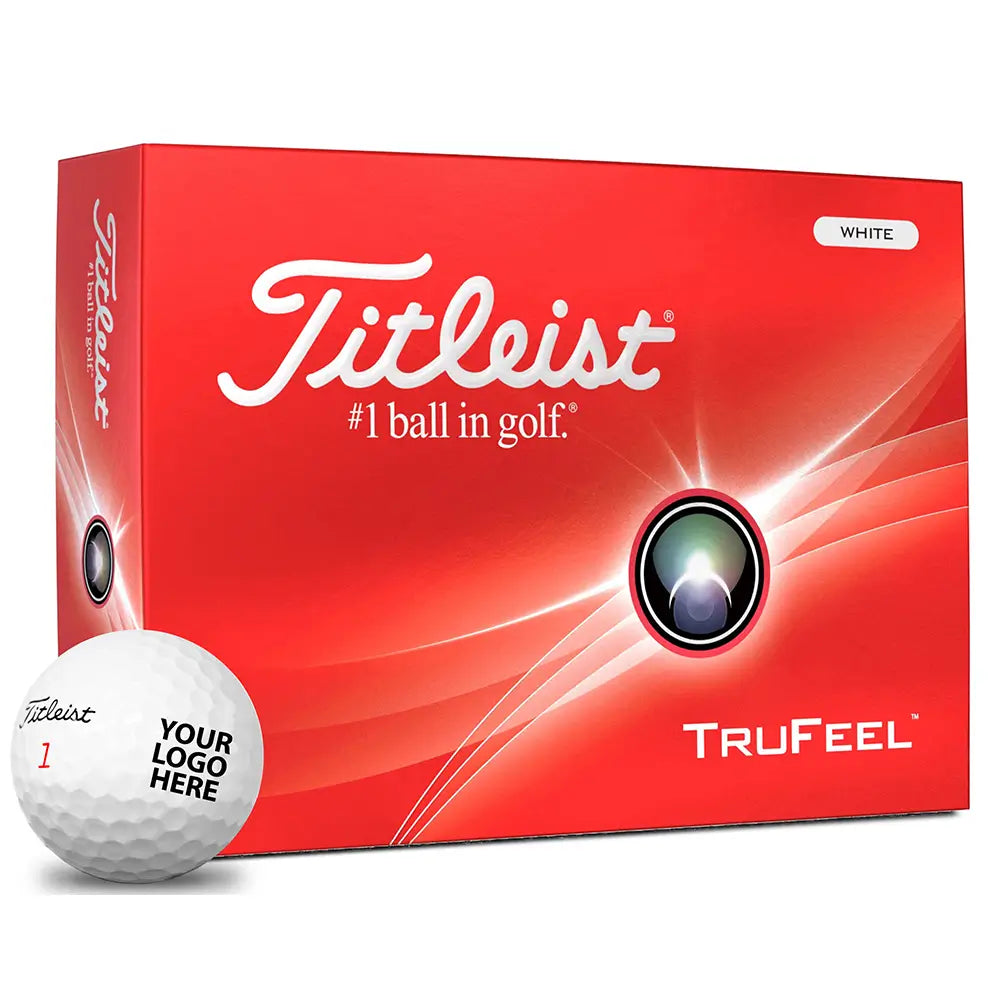 Titleist TruFeel golf ball box with a golf ball in front on a white background