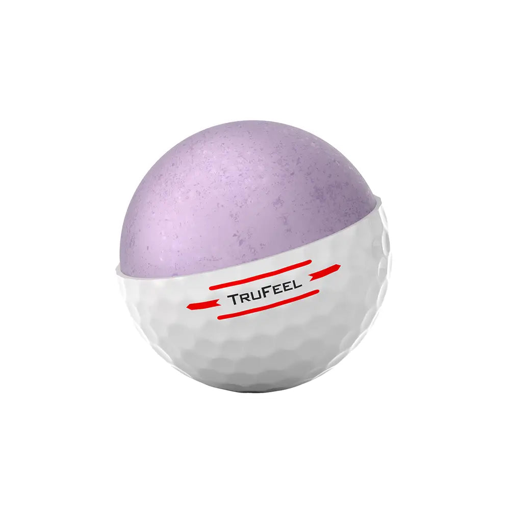 Titleist TruFeel golf ball cut away with purple inside and 'TruFeel' branding on the outside on a white background