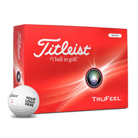 Titleist TruFeel golf ball box with a golf ball in front on a white background