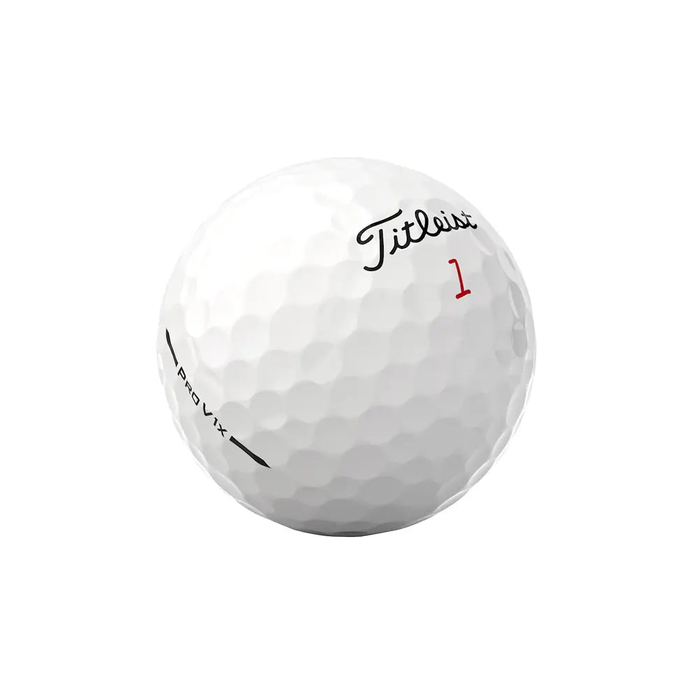 Angled white Titleist Pro V1X golf ball with black 'Titleist' and red '1' printed on it on a white background