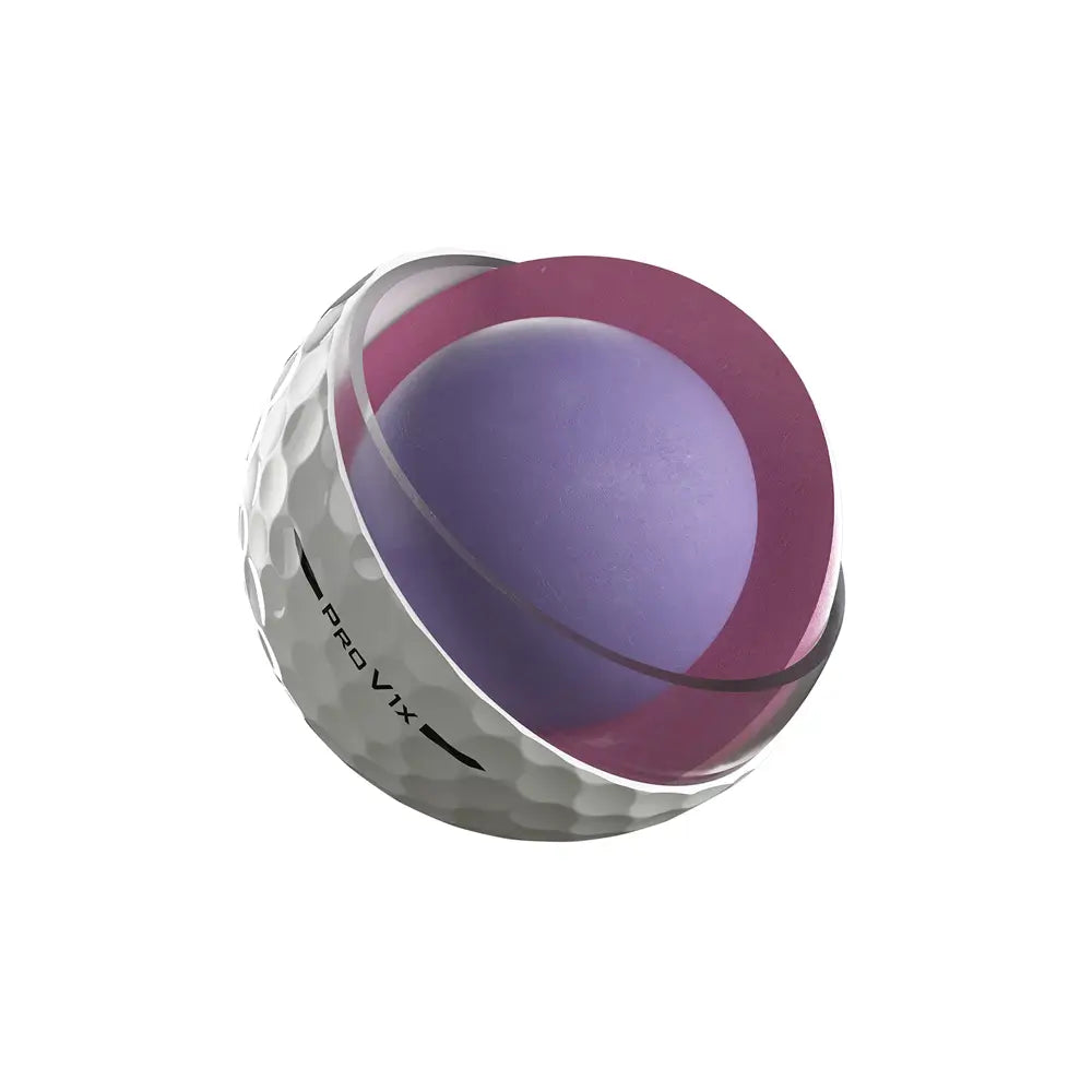 White Titleist Pro V1X golf ball shown cut away to detail purple inside materials on a white background