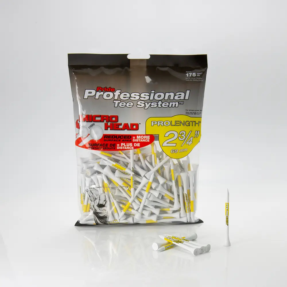 Bag of golf tees with visible branding on a white background