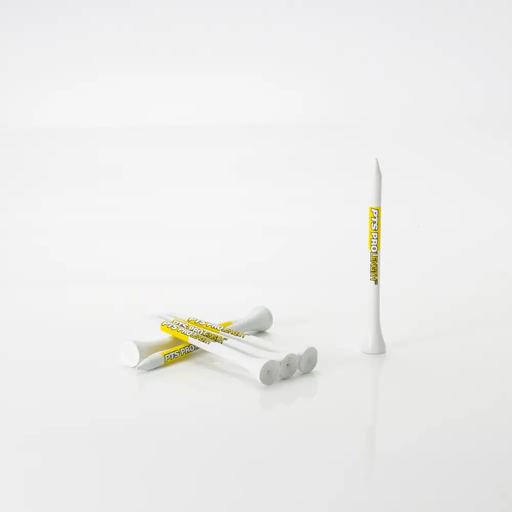 Golf tees with visible branding on a white background