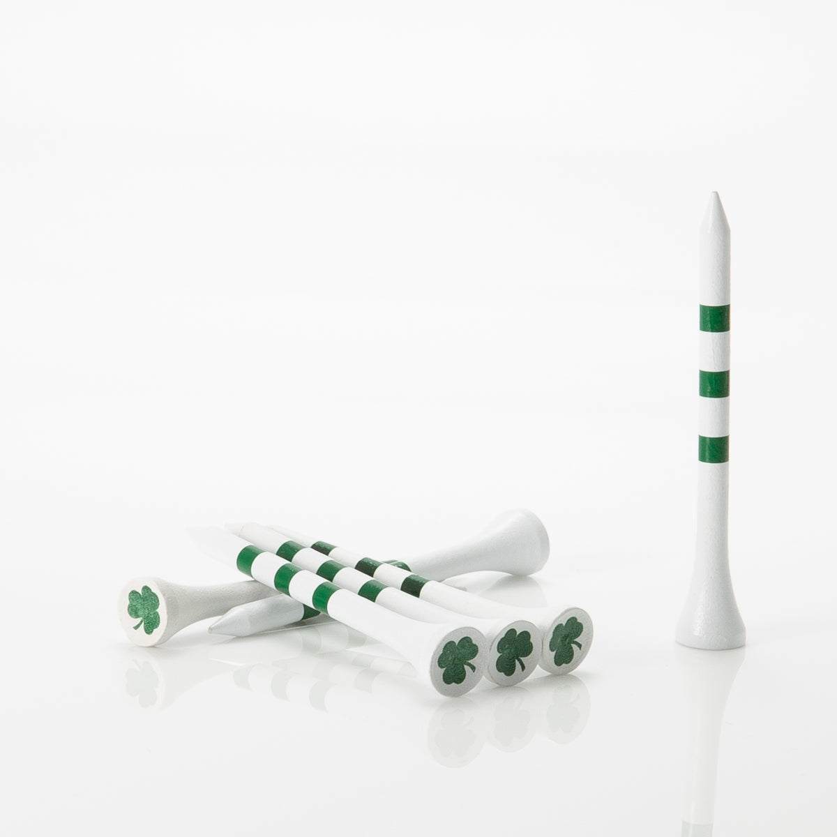 Six shamrock print PrideSports Special Edition Wood Golf Tees.