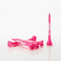 Pink golf tees on a white background
