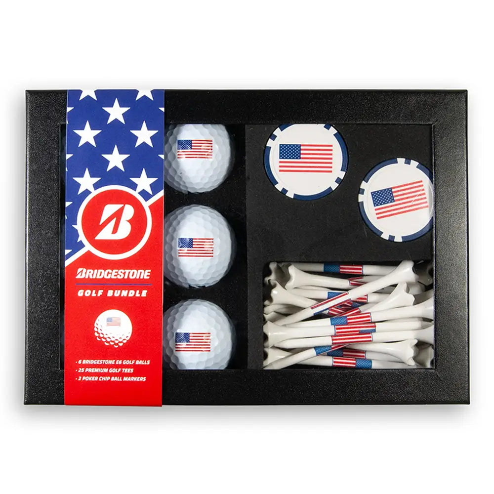 Golf bundle with golf balls, tees, and flags in a box