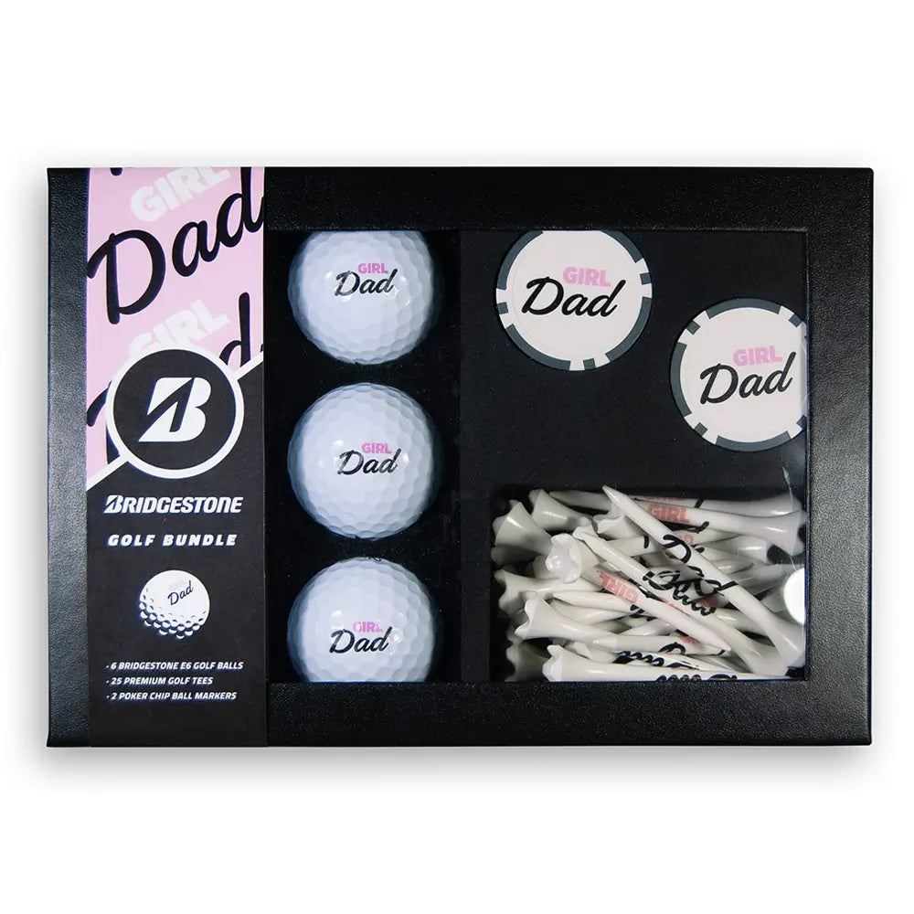 Golf ball and tees set with 'Girl Dad' and Bridgestone branding in a gift box.
