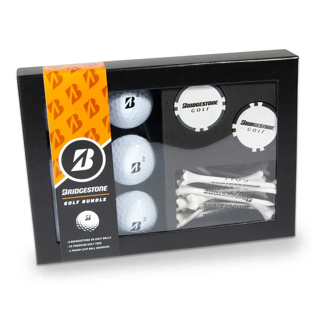 Bridgestone golf ball and tee set in a gift box.