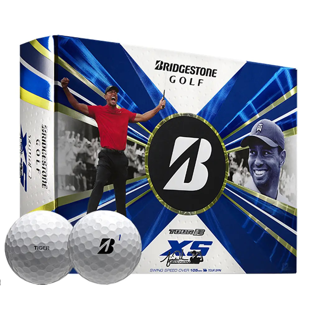 Bridgestone Tour B XS golf ball packaging with Tiger Woods celebrating and the Bridgestone logo.