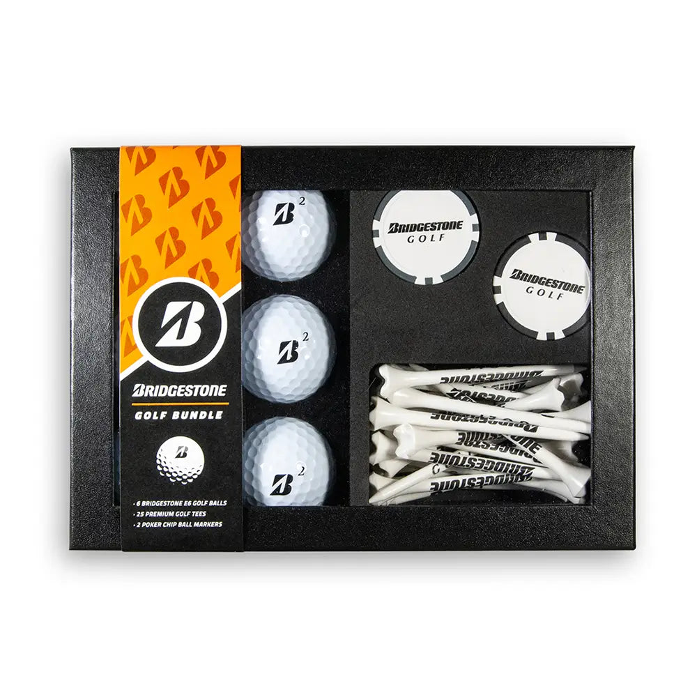 Bridgestone golf ball and tee set in a gift box.