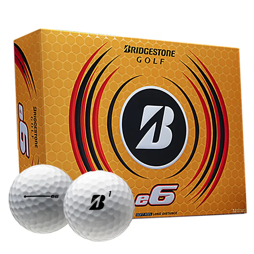 Box of Bridgestone e6 golf balls with two golf balls in front on a white background