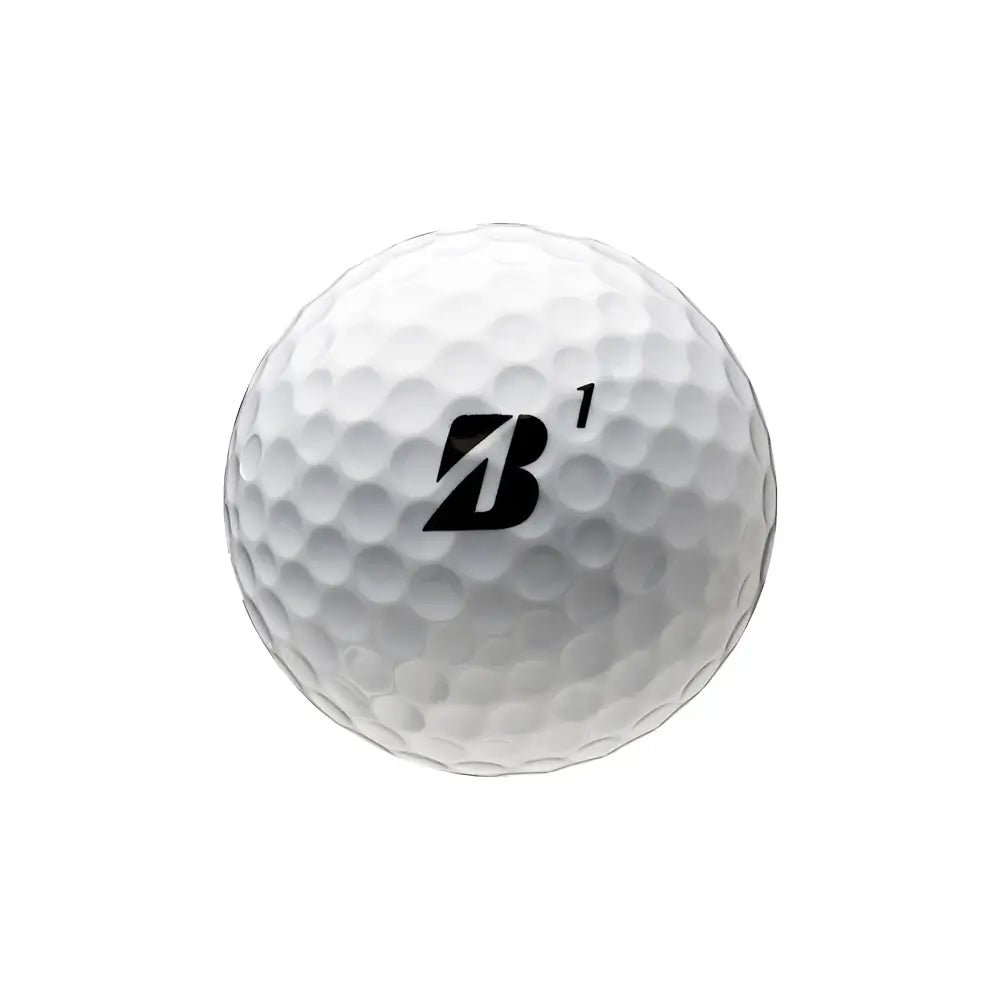 White Bridgestone golf ball with a black 'B' logo on a white background