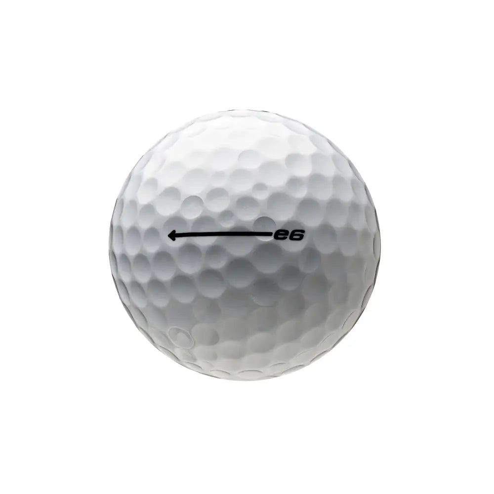White Bridgestone golf ball with black 'e6' and arrow imprint on a white background