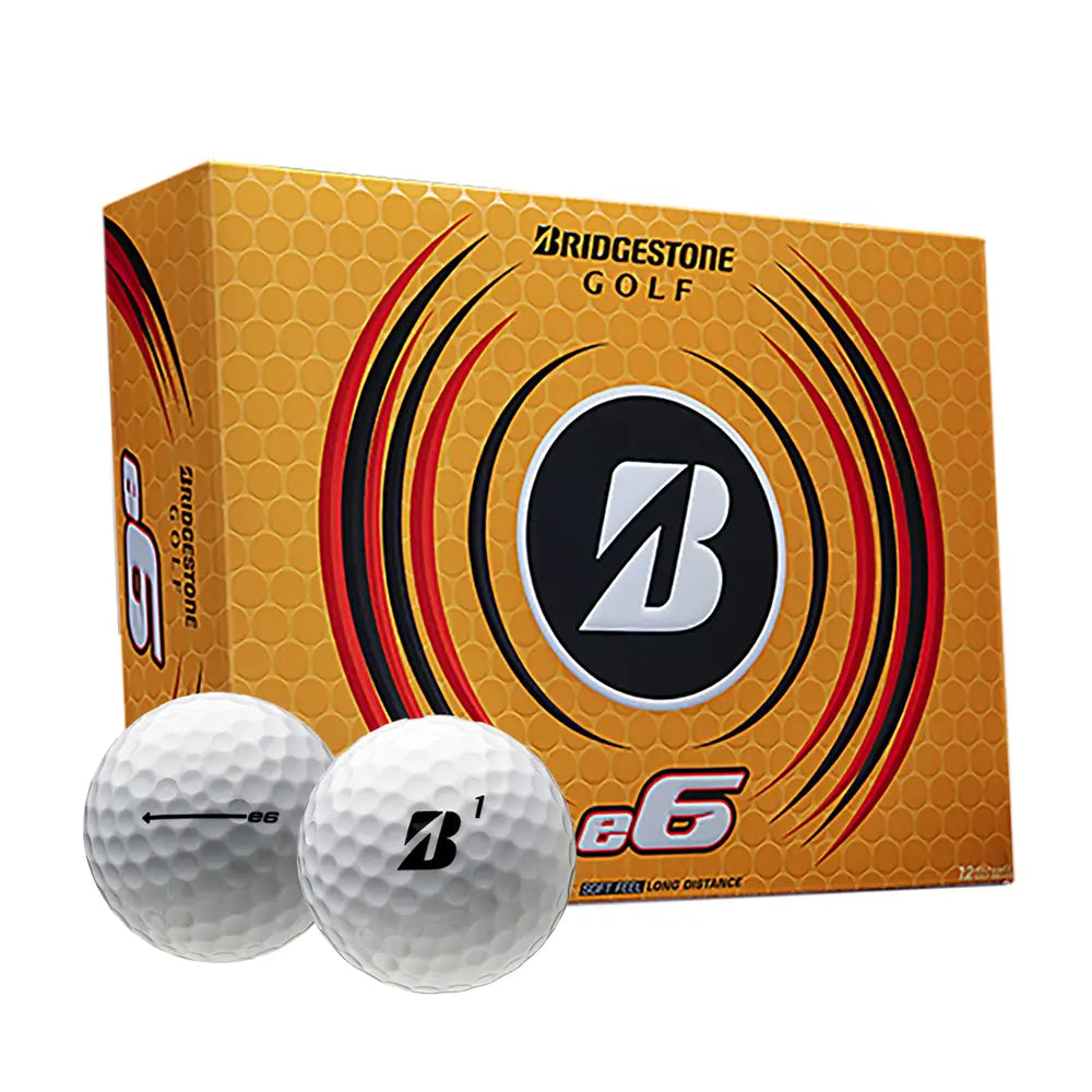 Box of Bridgestone e6 golf balls with two golf balls in front on a white background