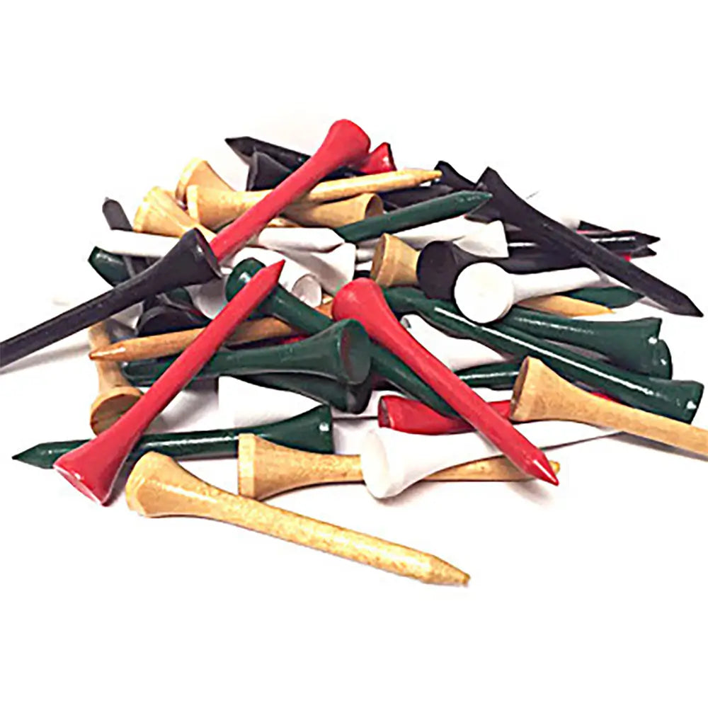 Assorted colored golf tees on a white background