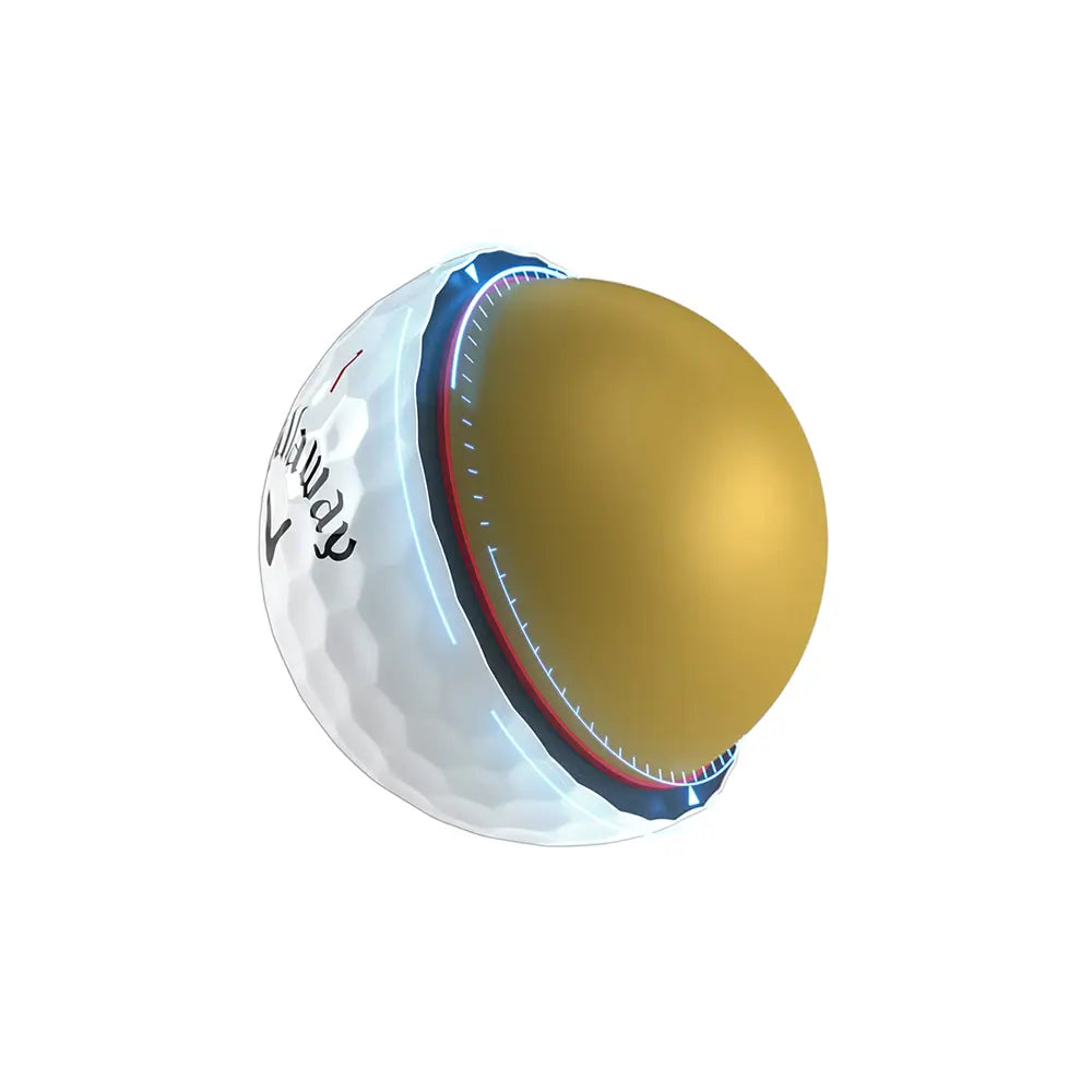 Callaway golf ball cut away detail shown with gold, red, and blue on a white background
