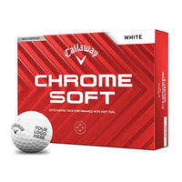 Callaway Chrome Soft golf ball box with a golf ball in front on a white background