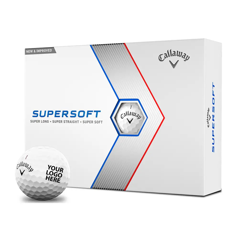 Callaway Supersoft golf ball packaging with a golf ball in front on a white background