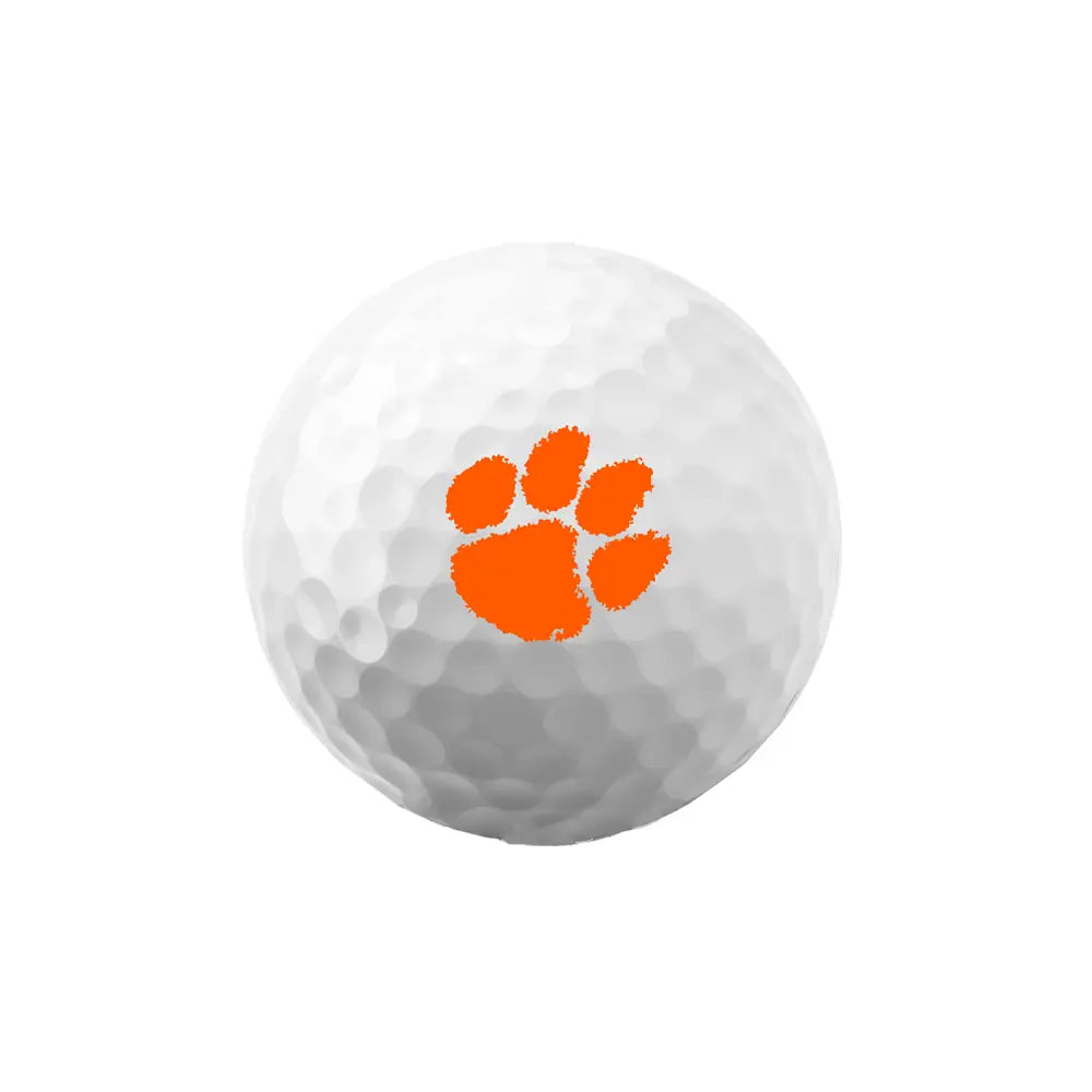 White Bridgestone e6 golf ball with a Clemson logo on a white background
