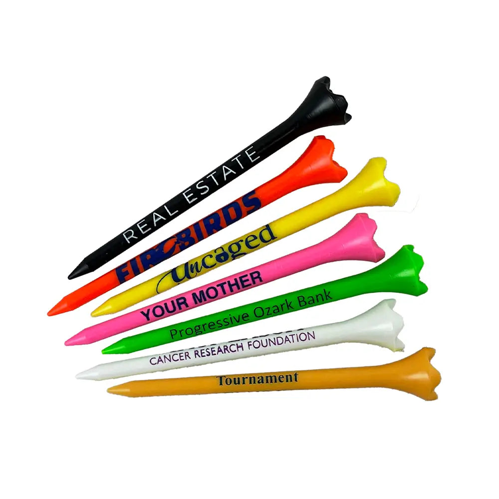 Seven multi-colored 3 1/4" Personalized Pride Performance® Golf Tees fanned out.