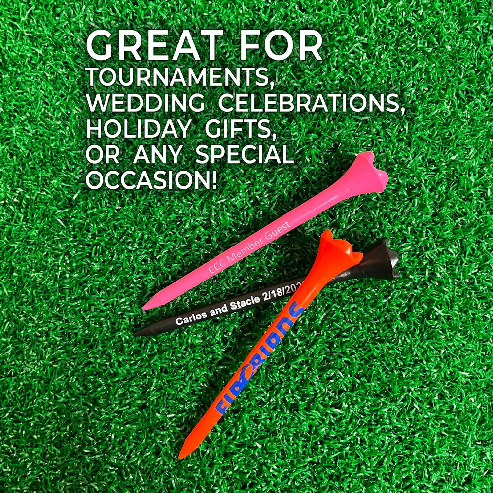 Two 3 1/4" Personalized Pride Performance® Golf Tees showing it's great for tournaments, weddings, celebrations and gifts.
