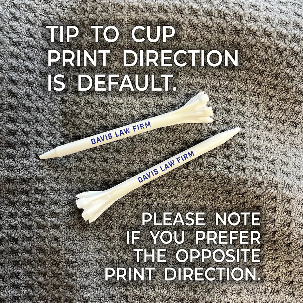 Two 3 1/4" Zarma® FLYtee® Personalized Golf Tees fanned out on a rag. Showing tip to cup print direction is default.