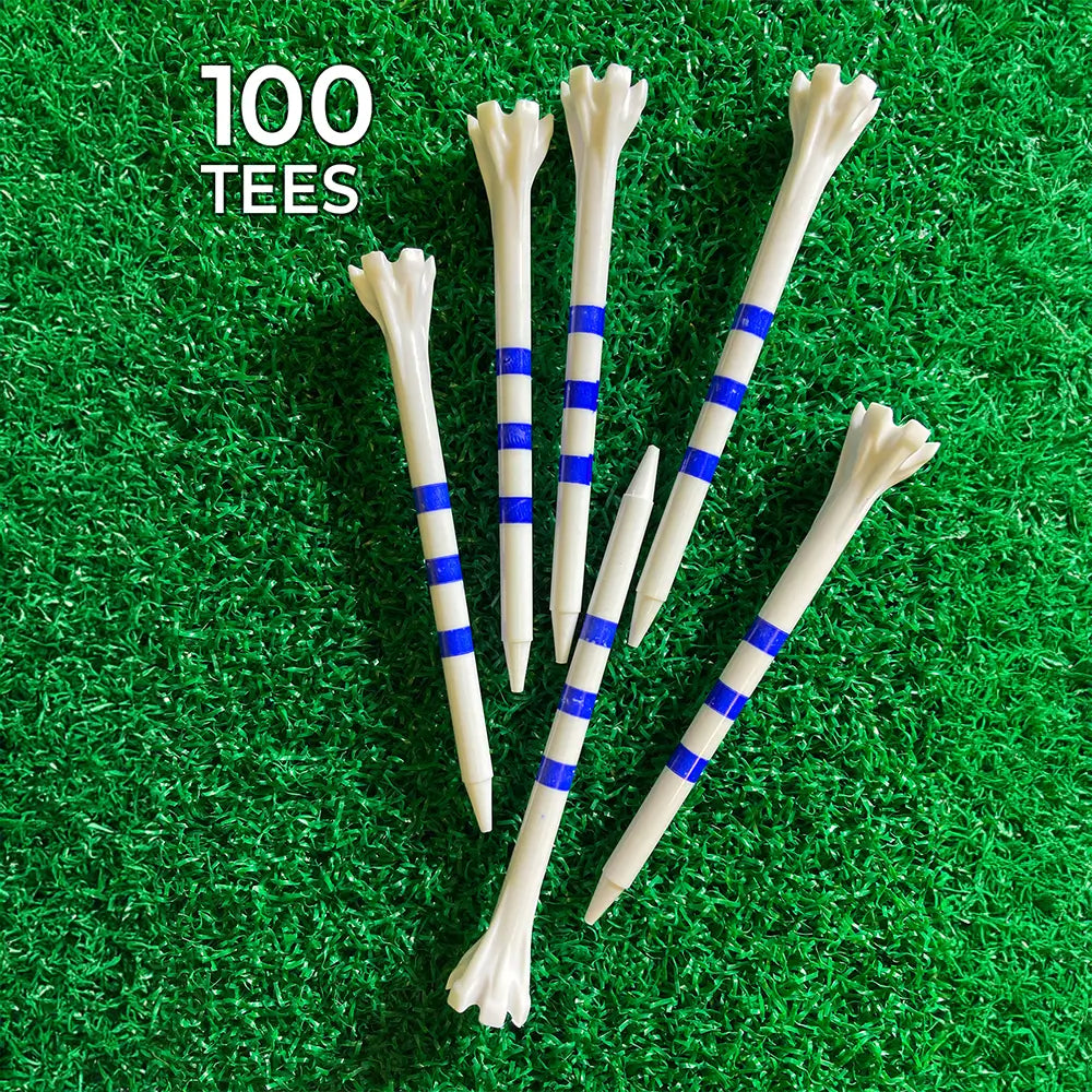 Three 3-1/4" Zarma® FLYtee® MyHite™ Blue and White Stripe Tees in front of turf grass.