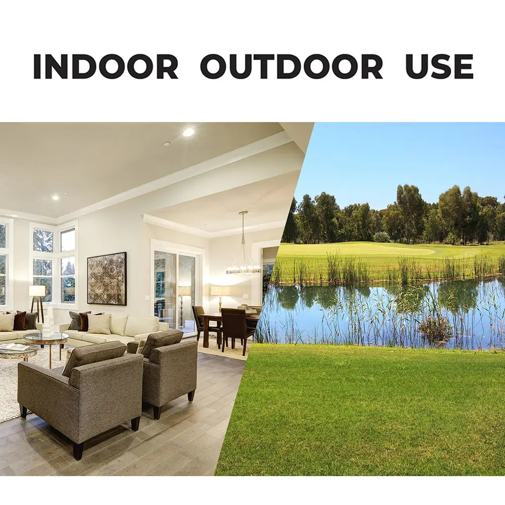 Split image of a living room interior with furniture and outdoor view of a lake and trees labeled 'indoor outdoor use'