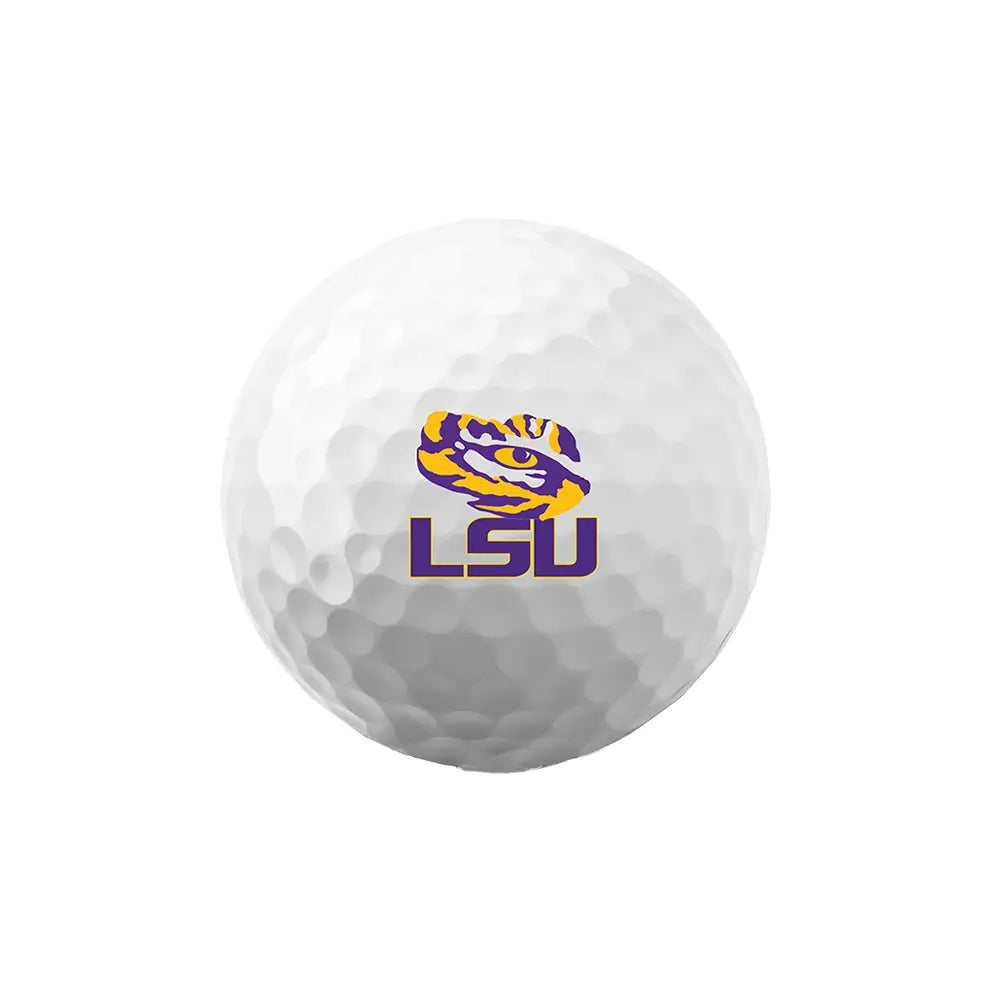 White Bridgestone e6 golf ball with an LSU logo on a white background