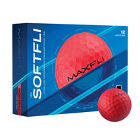 Maxfli Softfli golf ball packaging with a red golf ball on a white background