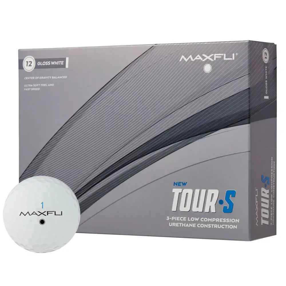 Maxfli Tour-S golf ball box with a golf ball in front on a white background