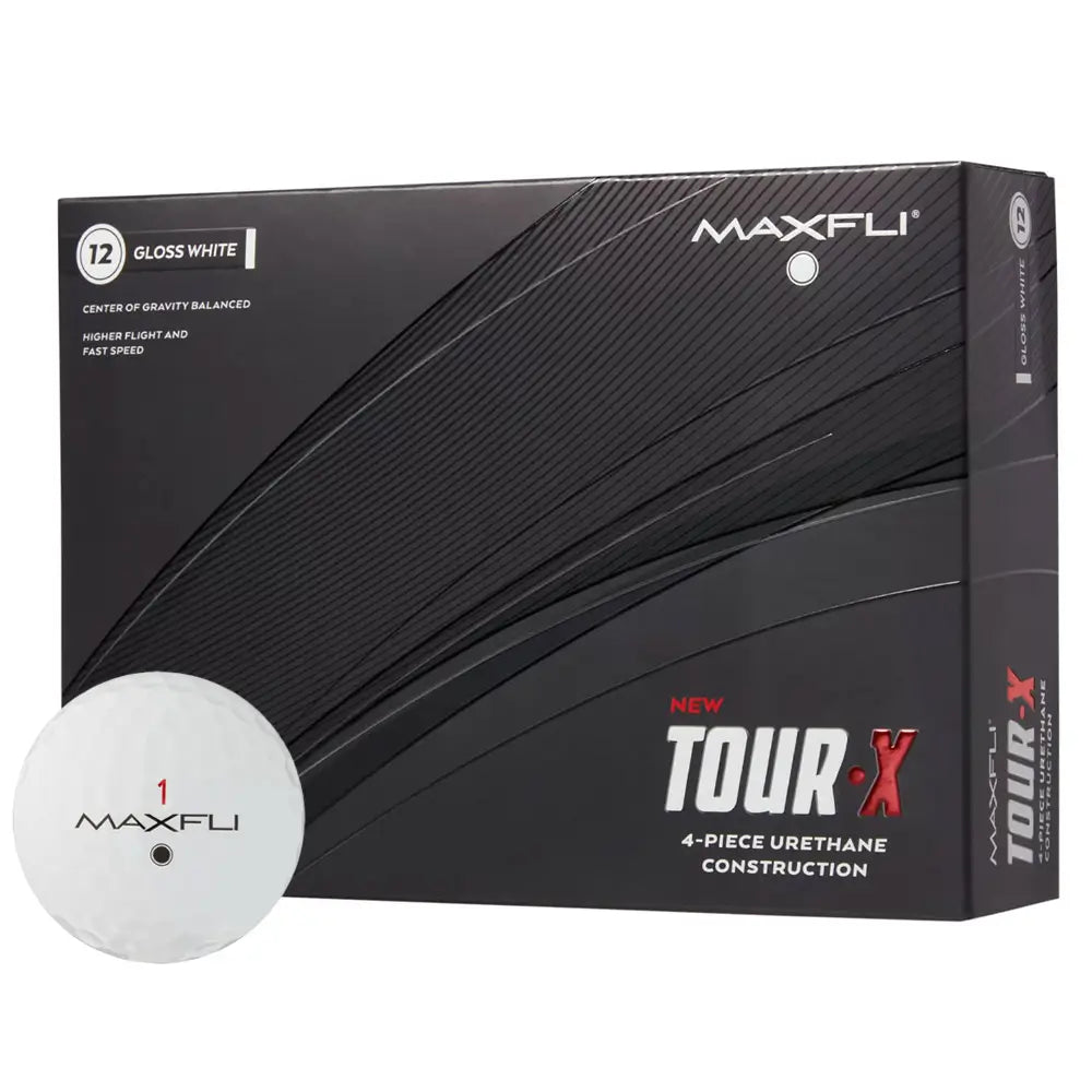 Maxfli Tour-X golf ball packaging with a single golf ball in front on a white background