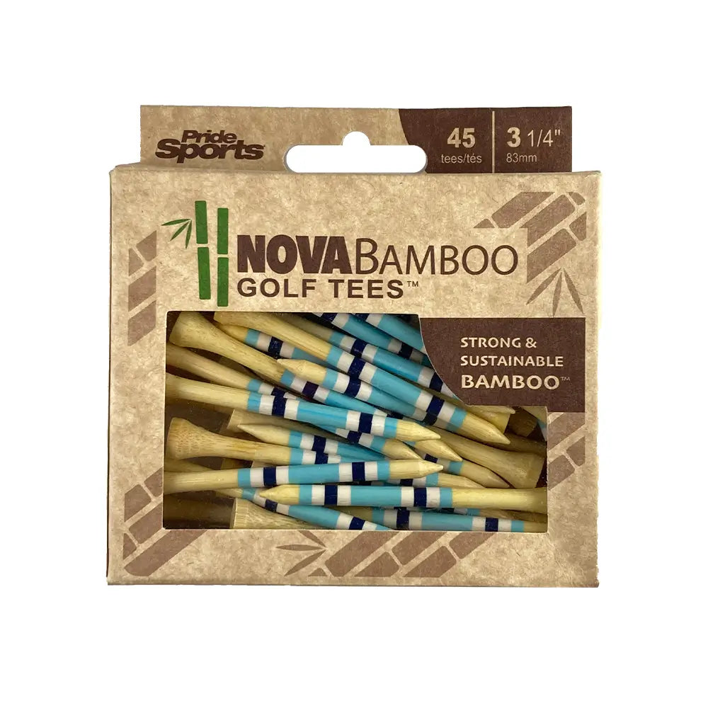 3-1/4" Nova Bamboo Golf Tees™ - Blue / White / Navy packaging.