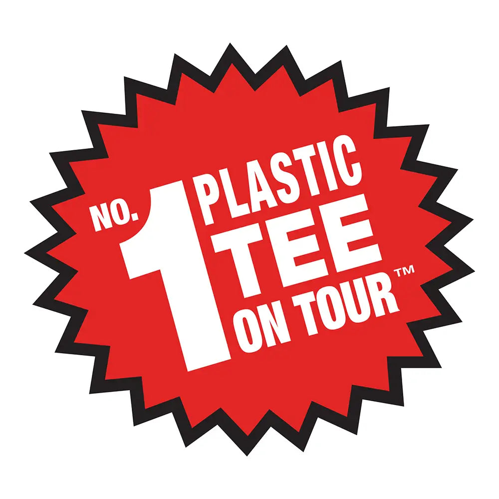 Red starburst logo with 'No. 1 Plastic Tee on Tour' text