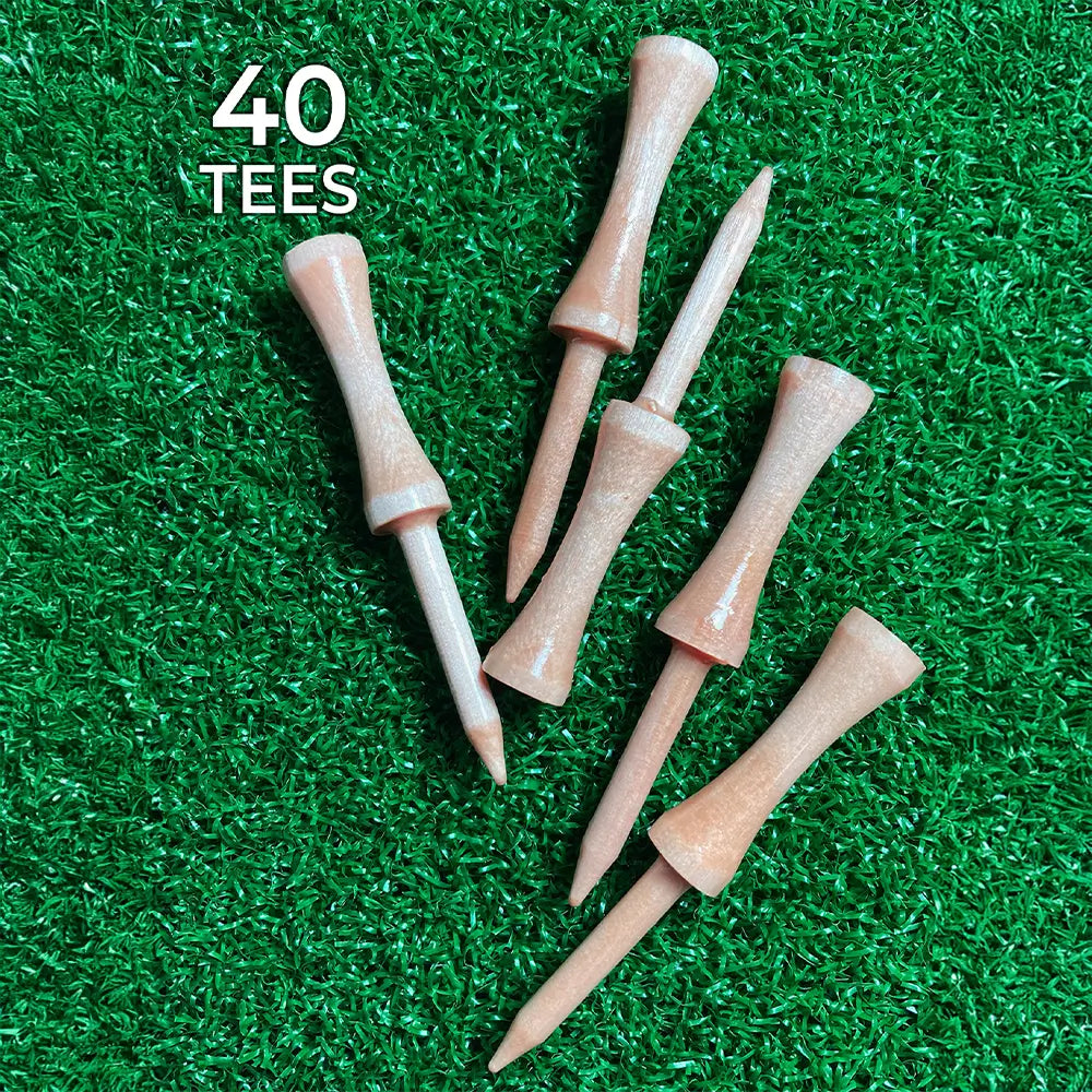 Five 3 1/4" Pride Golf Tee Step Natural Tees on green turf.