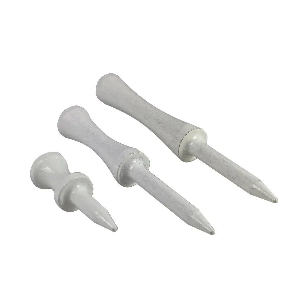 Three different sizes of the white 2 3/4" Pride Golf Tee Step Tees.