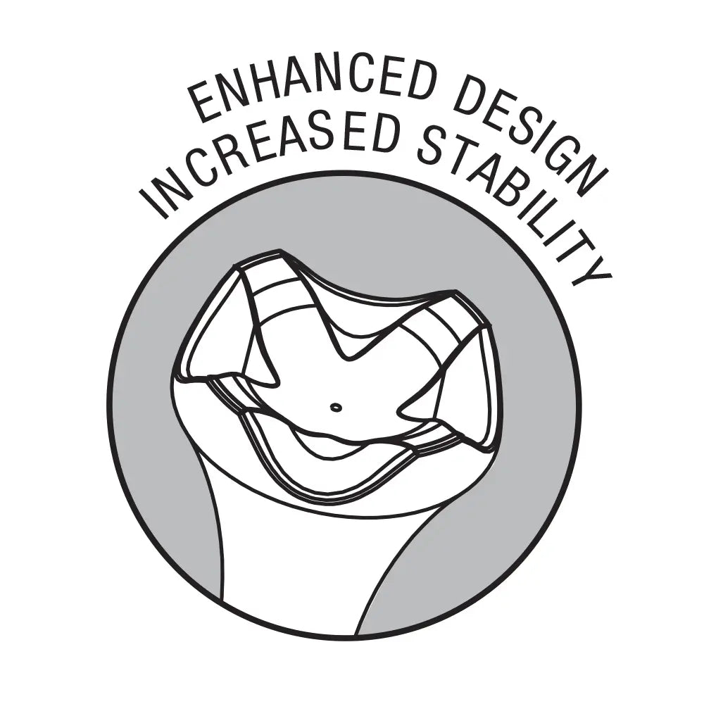 Icon of a golf tee cup with text 'Enhanced Design' and 'Increased Stability' on a white background