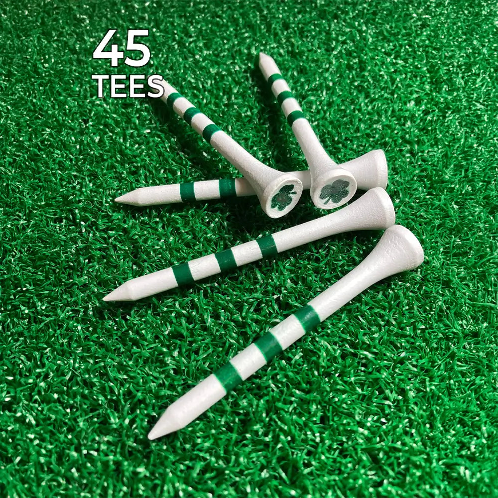 Five shamrock print PrideSports Special Edition Wood Golf Tees.